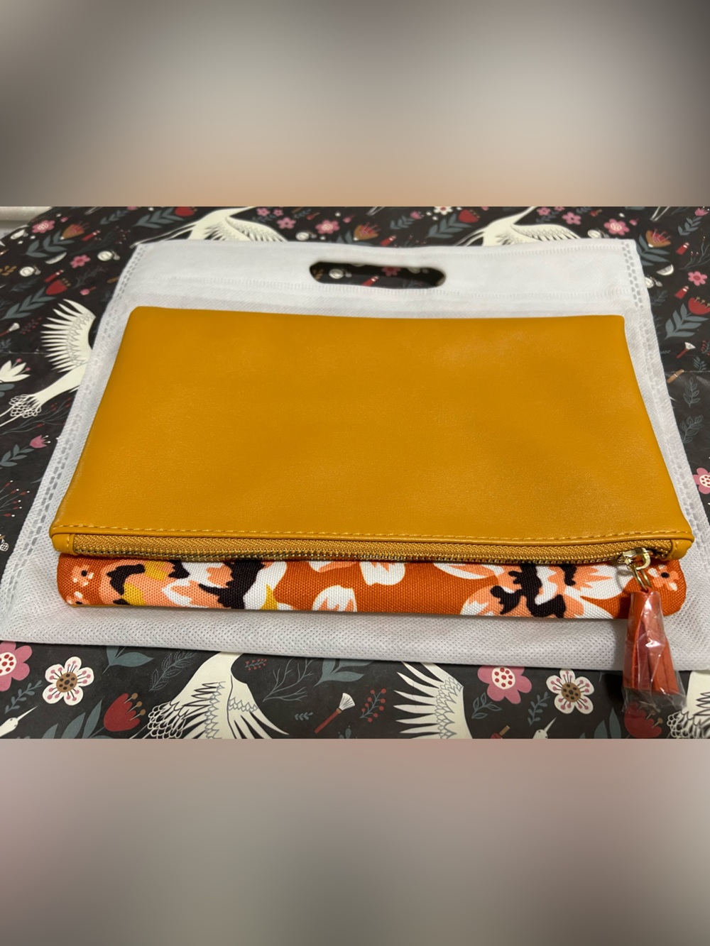 Rachel Palley Mustard Yellow Zip Pouch with Orange Floral Accent